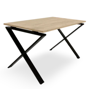 mesa estructura metálica cruzada, roble