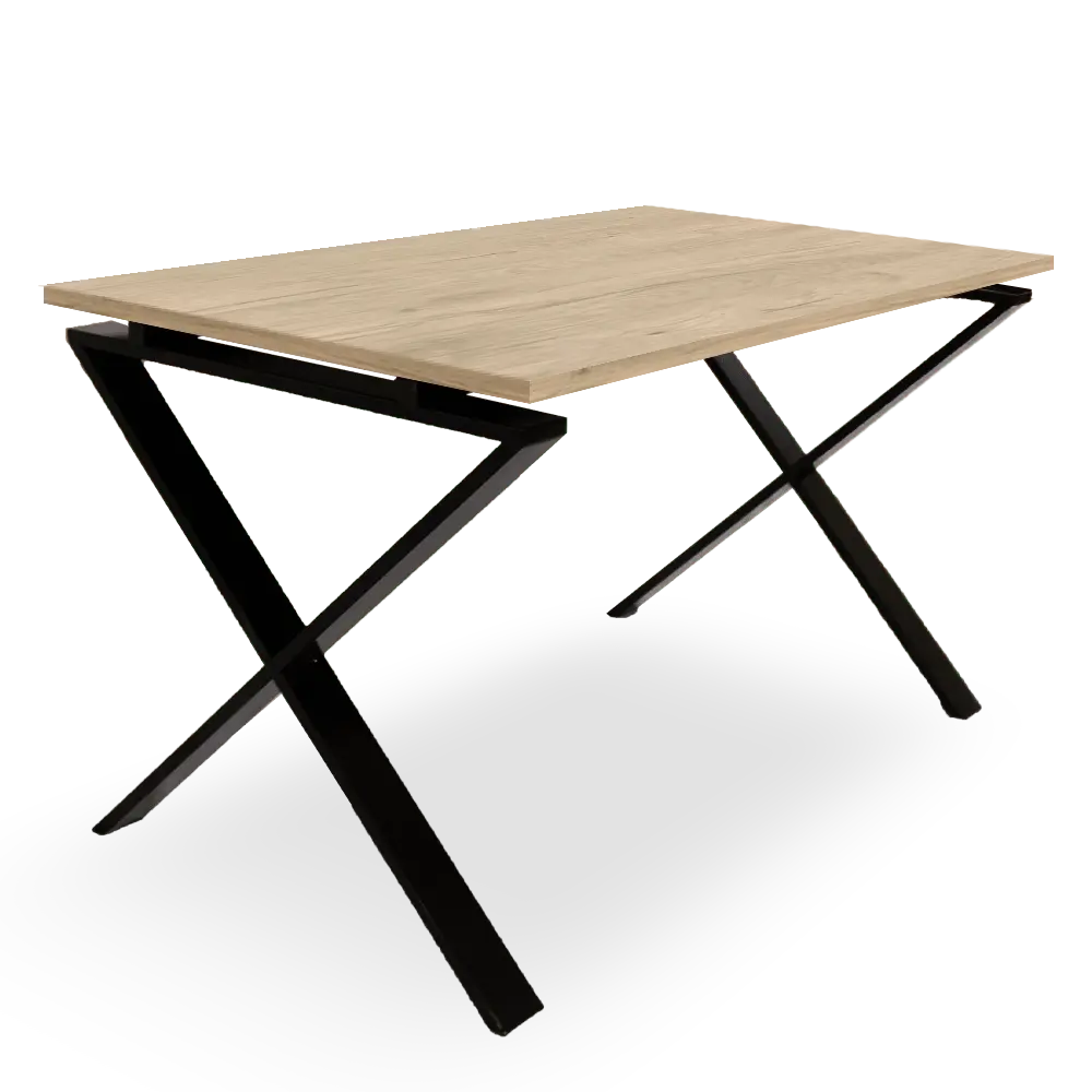 mesa estructura metálica cruzada, roble