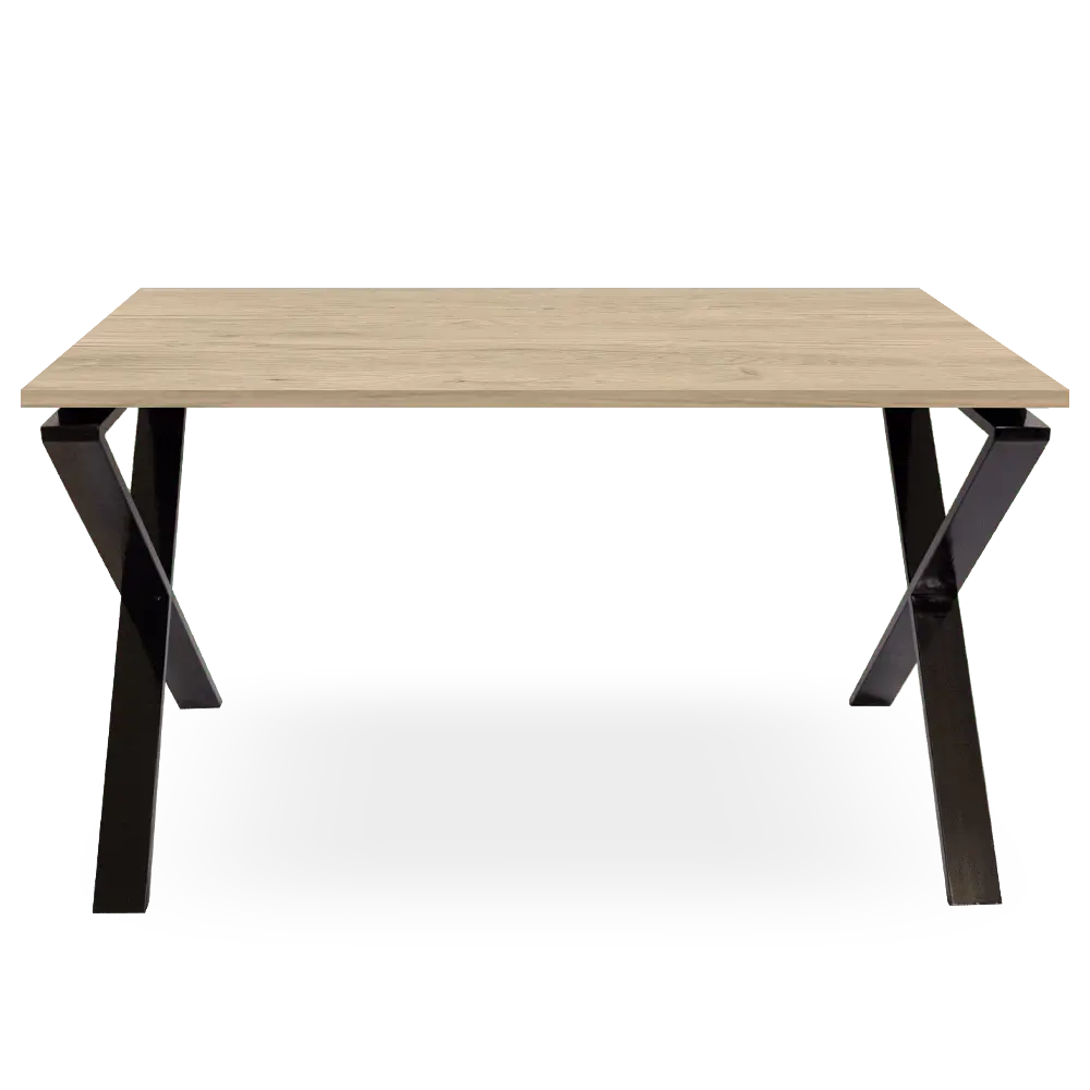 mesa estructura metálica cruzada, roble