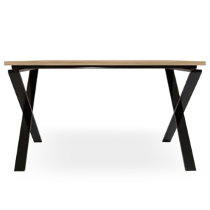 mesa estructura metálica cruzada, roble