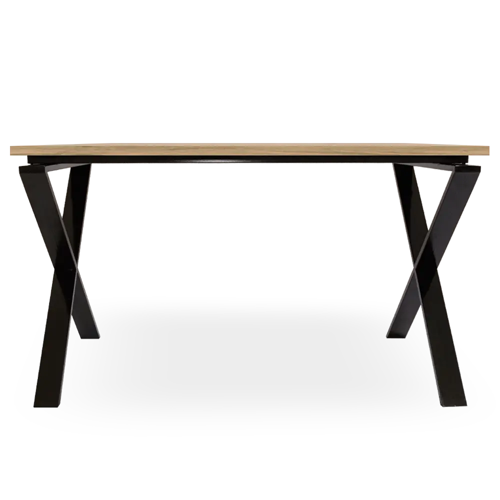 mesa estructura metálica cruzada, roble