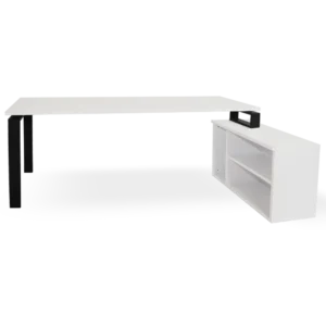 mesa + mueble con estantes blanco. marco abierto negro dcha
