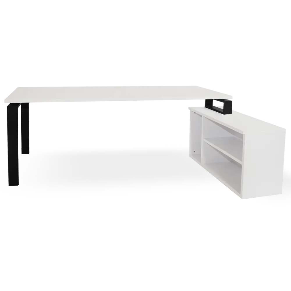 mesa + mueble con estantes blanco. marco abierto negro dcha