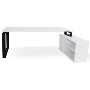 mesa + mueble con estantes blanco. marco cerrado negro dcha