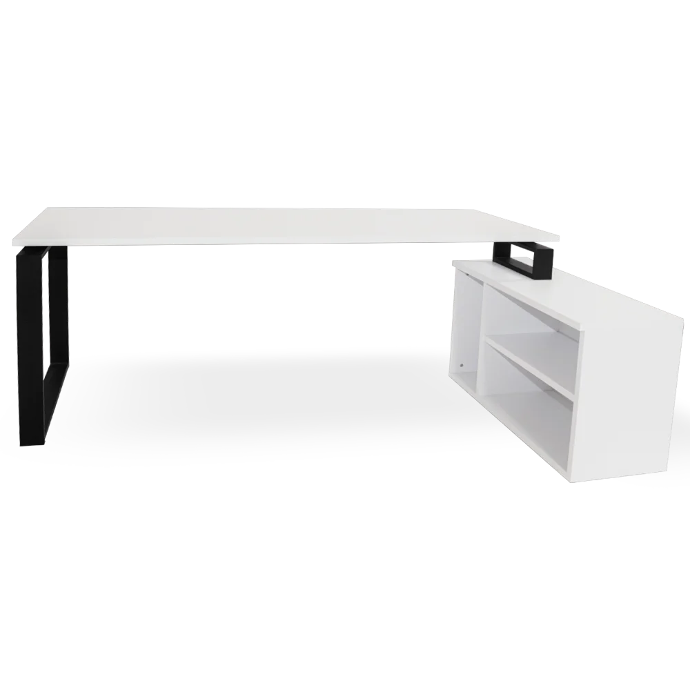 mesa + mueble con estantes blanco. marco cerrado negro dcha