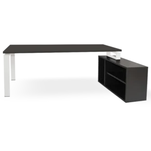 mesa + mueble con estantes gris. marco abierto blanco dcha