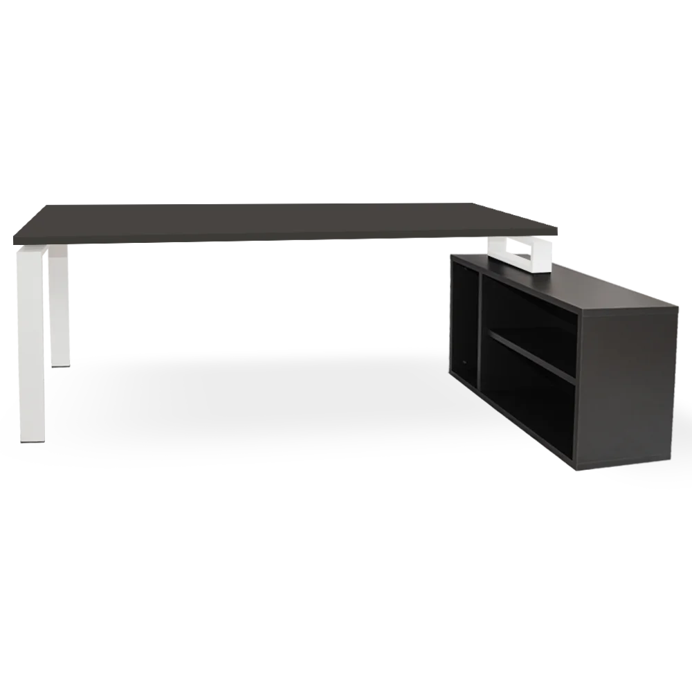 MES+MUE EST GRI ABI BLA mesa + mueble con estantes gris. marco abierto blanco dcha