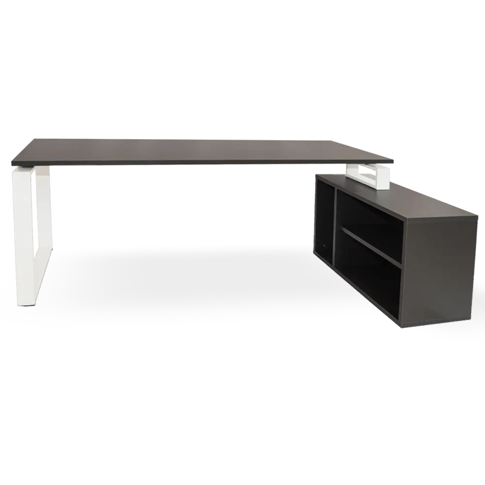 mesa + mueble con estantes gris. marco cerrado blanco