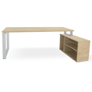 mesa + mueble con estantes roble. marco cerrado gris