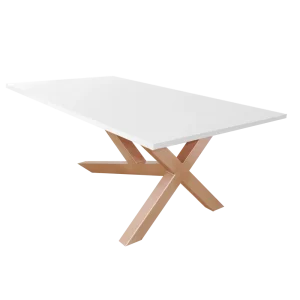 mesa de salón, patas xy cobre, blanco