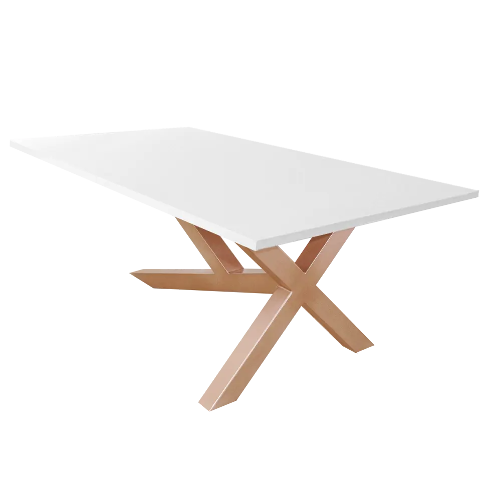mesa de salón, patas xy cobre, blanco