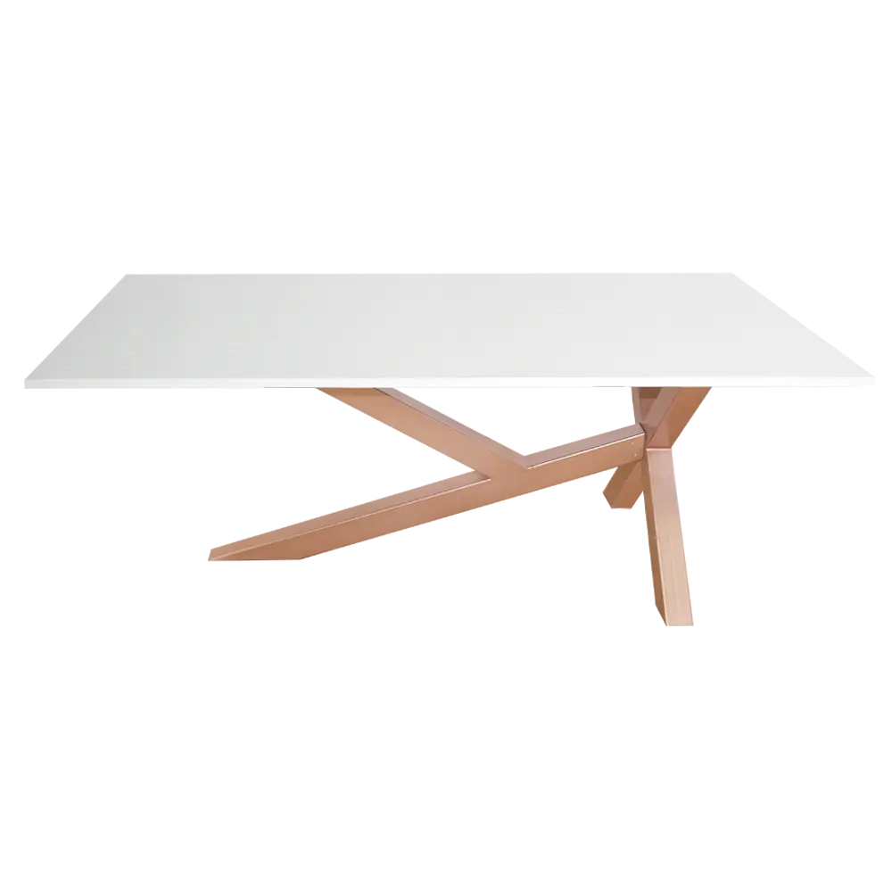 mesa de salón, patas xy cobre, blanco