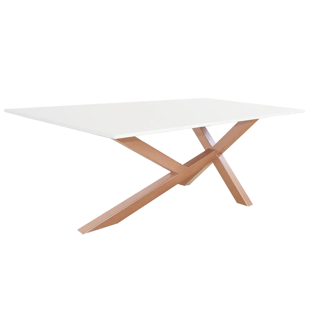 mesa de salón, patas xy cobre, blanco