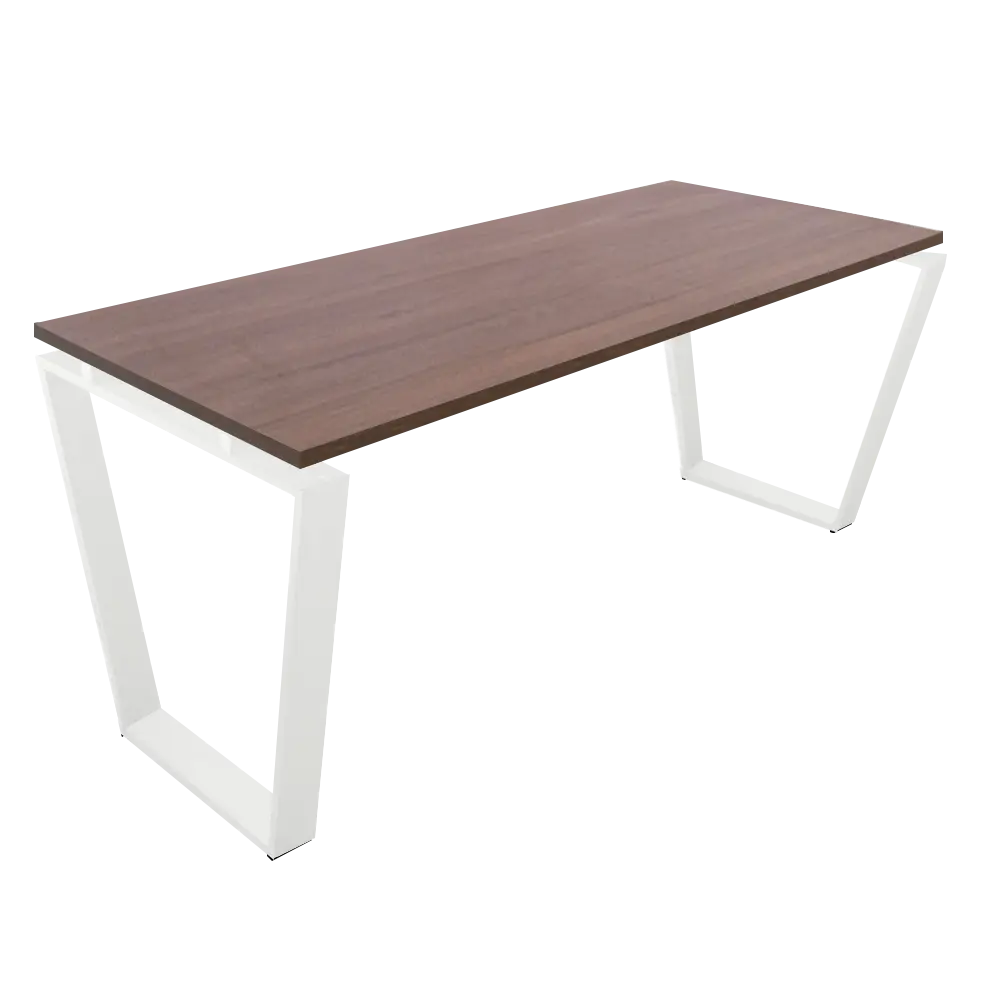 mesa piramidal invertida, marco cerrado blanco, nogal