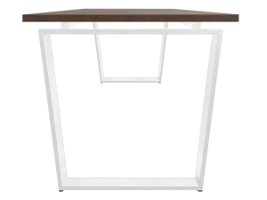 mesa piramidal invertida, marco cerrado blanco, nogal detalle